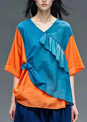 Natural Blue Ruffled Patchwork Shirt Short Sleeve