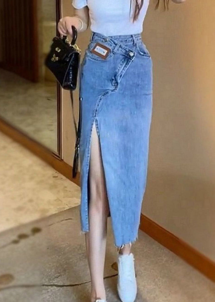 Natural Blue Sashes Patchwork High Waist Denim Maxi Skirts