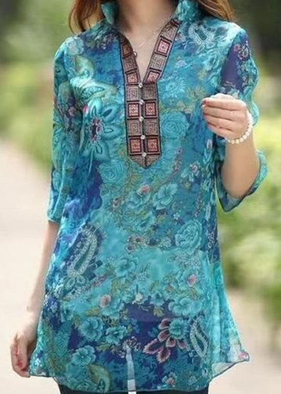 Natural Blue V Neck Print Patchwork Chiffon Top Summer