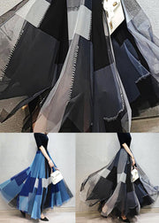 Natural Blue Wrinkled Patchwork Tulle Skirts Spring