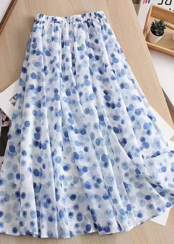 Natural Blue Wrinkled Print Elastic Waist Chiffon Skirt Spring