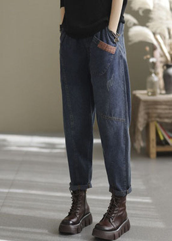 Natural blue-sunflower elastic waist Pockets denim Pants Spring