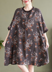 Natural Chocolate O-Nec Ruffled Patchwork Print Mid Dress Half Sleeve