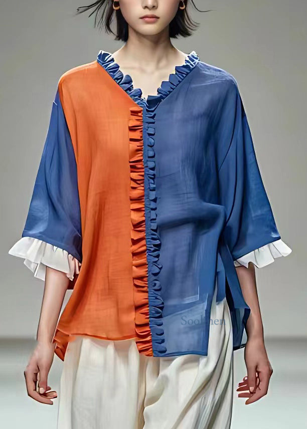 Natural Colorblock Ruffled Side Open Chiffon T Shirts Fall