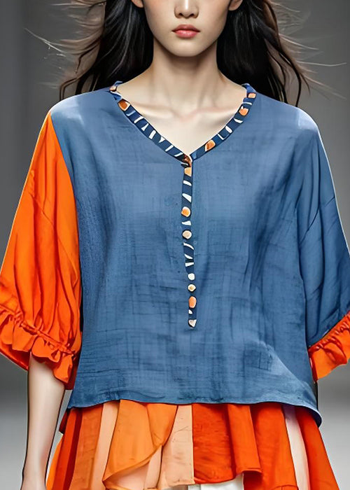 Natural Colorblock V Neck Ruffled Patchwork Cotton Top Summer