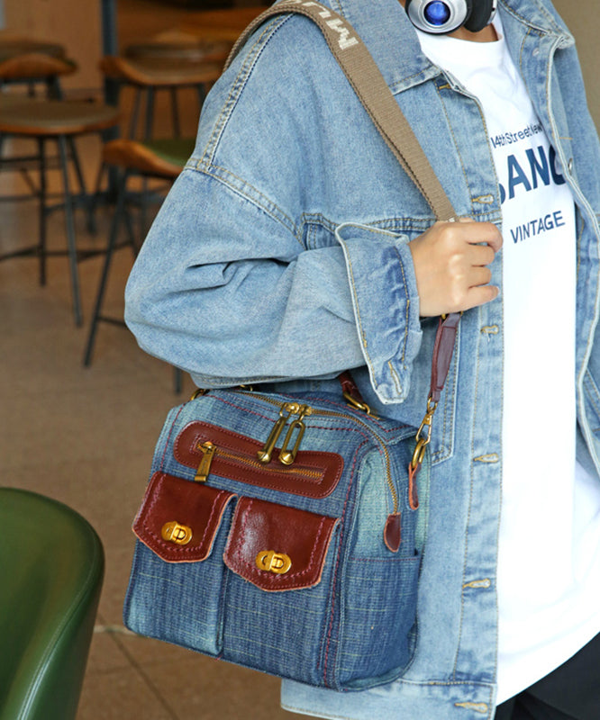 Natural Denim Blue Patchwork Canvas Backpack Bag