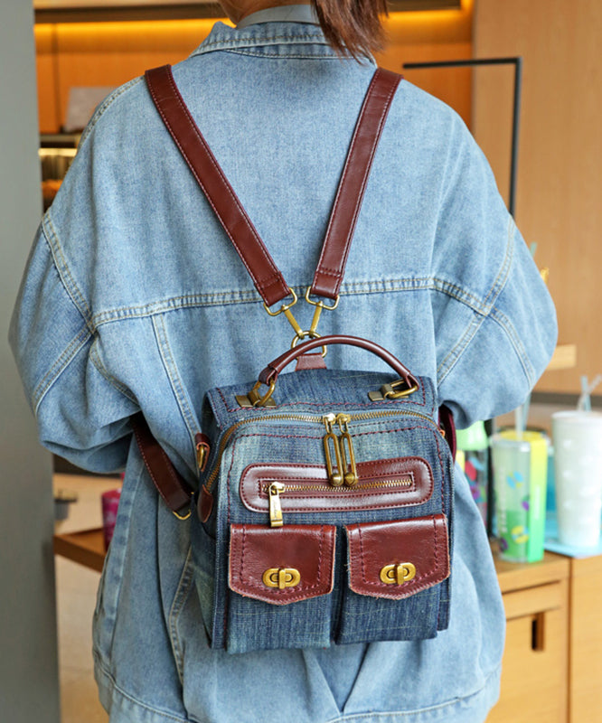 Natural Denim Blue Patchwork Canvas Backpack Bag