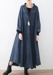 Natural Denim Blue Peter Pan Collar Patchwork Pockets Button Cotton Coats Long Sleeve