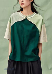 Natural Dull Green Oversized Patchwork Cotton Blouse Top Summer