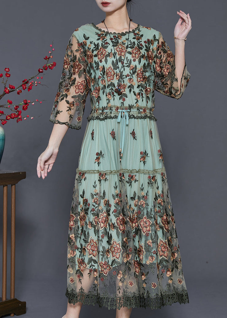 Natural Green Embroidered Tulle Robe Dresses Summer