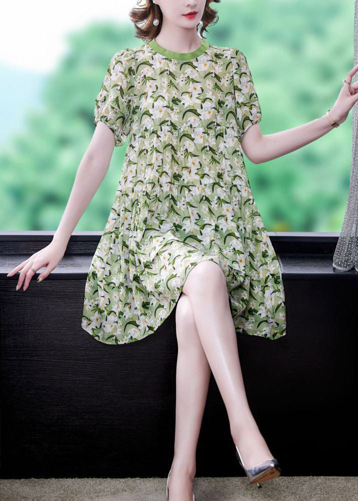 Natural Green O-Neck Cinched Print Dress Short Sleeve