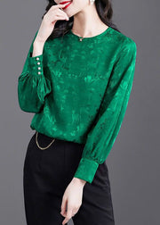 Natural Green O Neck Patchwork Jacquard Silk Shirt Tops Spring