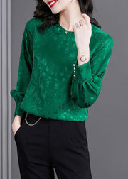 Natural Green O Neck Patchwork Jacquard Silk Shirt Tops Spring