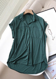 Natural Green Peter Pan Collar Low High Design Silk Cotton Shirt Short Sleeve