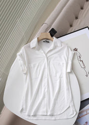 Natural Green Peter Pan Collar Low High Design Silk Cotton Shirt Short Sleeve