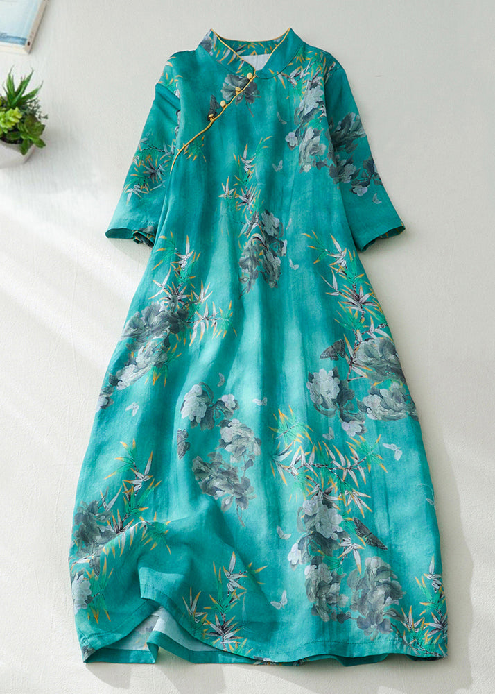 Natural Green Stand Collar Print Button Long Dress Short Sleeve