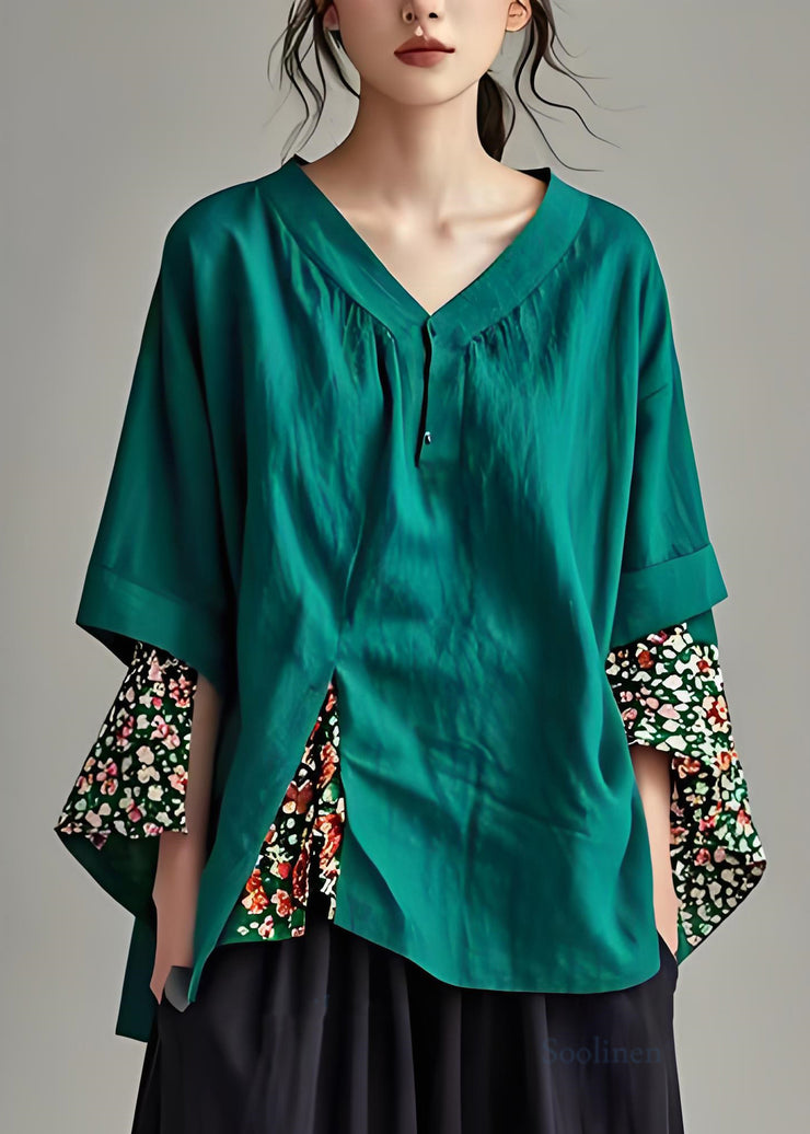 Natural Green V Neck Print Patchwork Cotton Top Summer