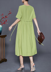 Natural Green V Neck Wrinkled Cotton Maxi Dresses Summer