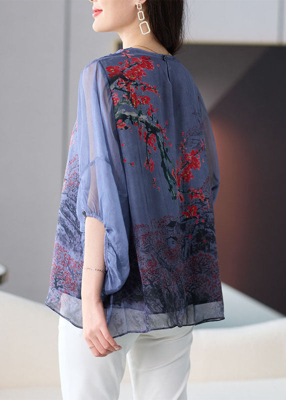 Natural Grey O Neck Print Patchwork Chiffon Shirt Tops Lantern Sleeve