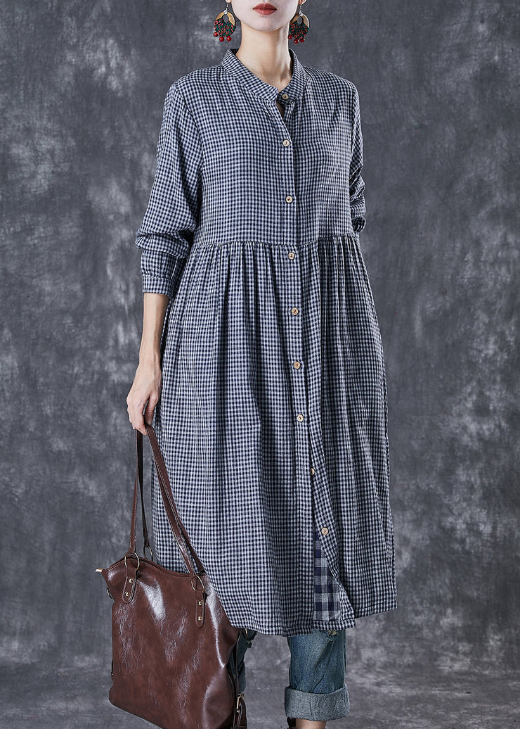 Natural Grey Oversized Plaid Cotton Shirt Dresses Fall