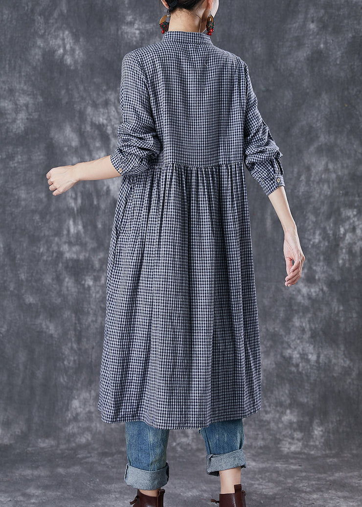 Natural Grey Oversized Plaid Cotton Shirt Dresses Fall