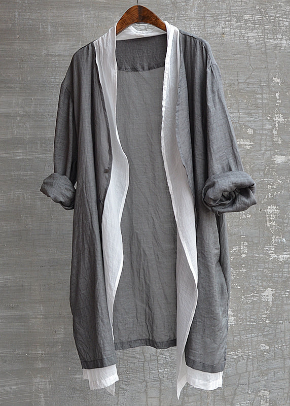 Natural Grey V Neck Button Fake Two Pieces Linen Men Top Fall