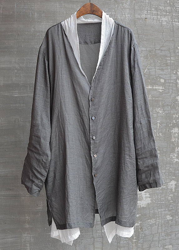 Natural Grey V Neck Button Fake Two Pieces Linen Men Top Fall