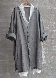 Natural Grey V Neck Button Fake Two Pieces Linen Men Top Fall