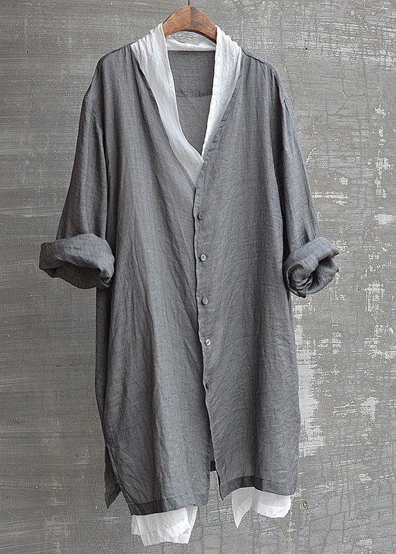 Natural Grey V Neck Button Fake Two Pieces Linen Men Top Fall