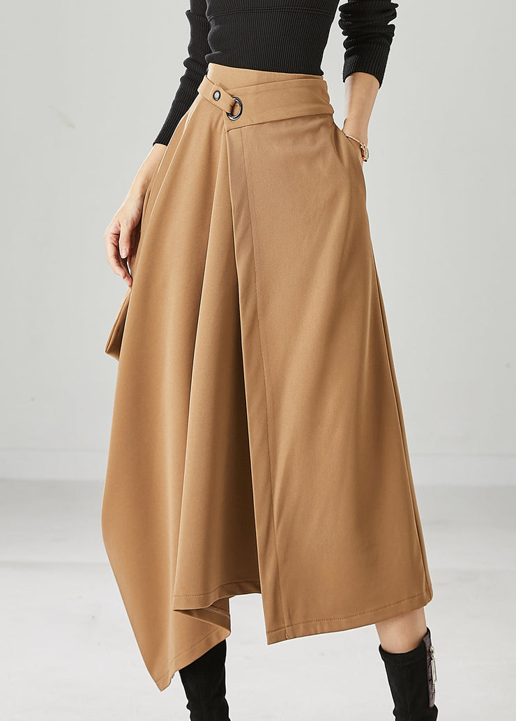 Natural Khaki Asymmetrical Pockets Spandex Skirts Fall