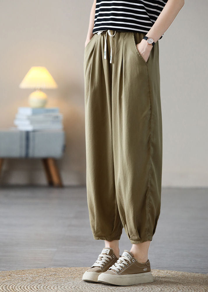 Natural Khaki Elastic Waist Drawstring Pockets Draping Silk Crop Pants Spring