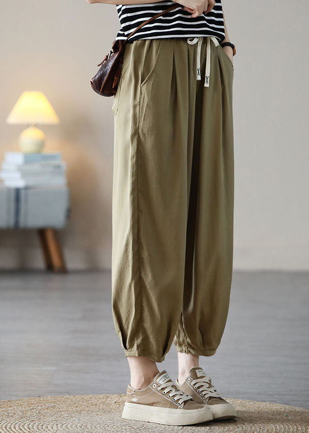 Natural Khaki Elastic Waist Drawstring Pockets Draping Silk Crop Pants Spring