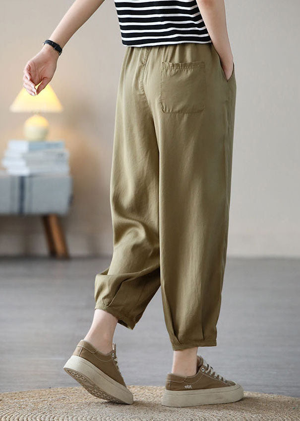 Natural Khaki Elastic Waist Drawstring Pockets Draping Silk Crop Pants Spring