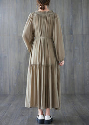 Natural Khaki Wrinkled Drawstring Chiffon Long Dress Long Sleeve