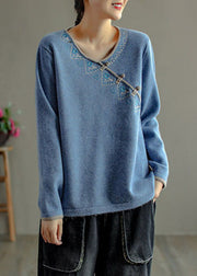 Natural Light Blue Embroideried Oriental Button Wool Knitted Tops Winter