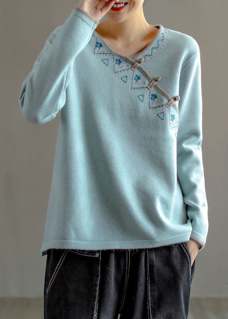 Natural Light Blue Embroideried Oriental Button Wool Knitted Tops Winter