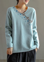 Natural Light Blue Embroideried Oriental Button Wool Knitted Tops Winter