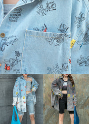 Natural Light Blue Peter Pan Collar Pockets Patchwork Denim Coat Spring