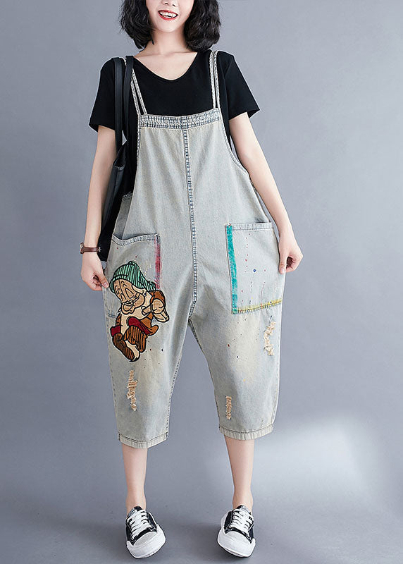 Natural Light Blue Pockets Patchwork Cotton Overalls Jumpsuit Summer