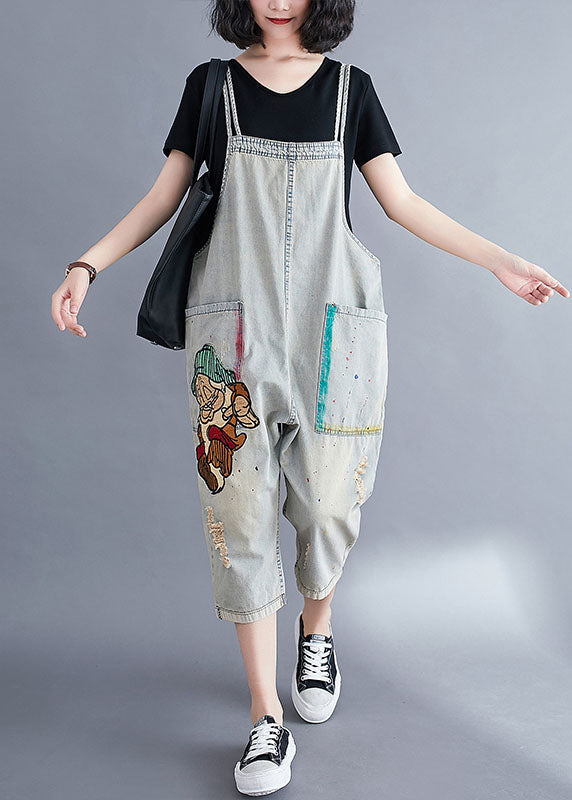 Natural Light Blue Pockets Patchwork Cotton Overalls Jumpsuit Summer