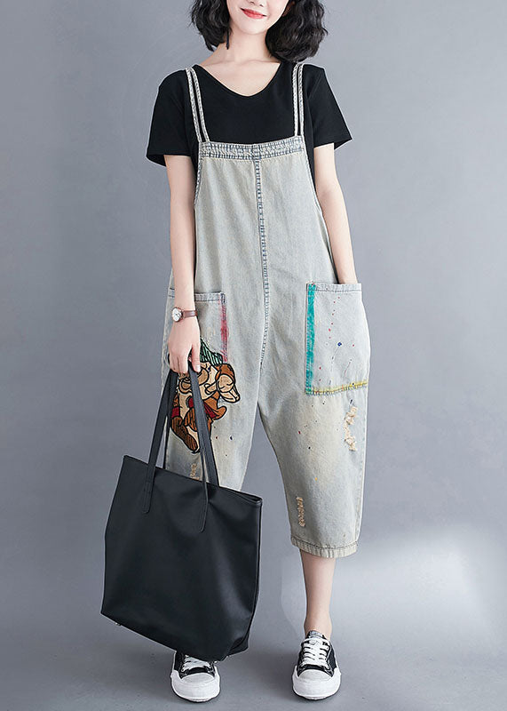 Natural Light Blue Pockets Patchwork Cotton Overalls Jumpsuit Summer