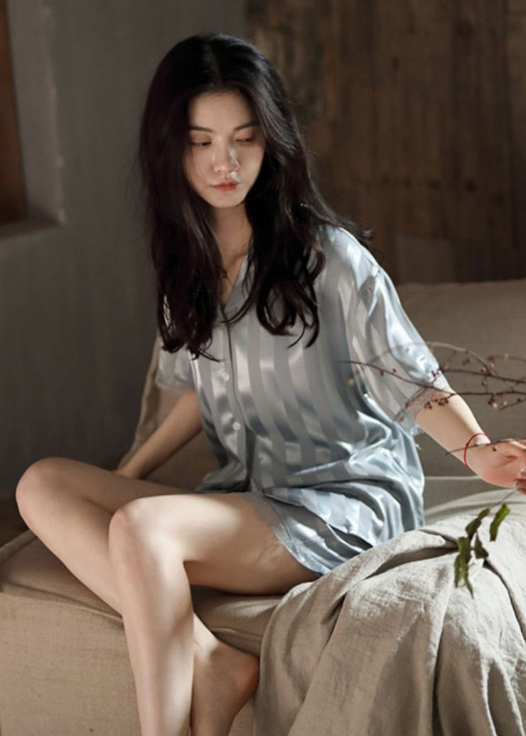 Natural Light Grey Peter Pan Collar Striped Ice Silk Couple Pajamas Two Pieces Set Summer