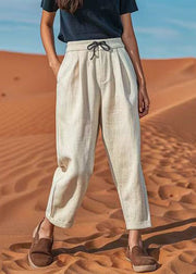 Natural Linen Patchwork Elastic Waist Crop Harem Pants