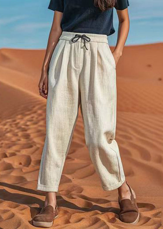 Natural Linen Patchwork Elastic Waist Crop Harem Pants