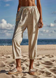 Natural Linen Patchwork Tie Waist Crop Pants Summer