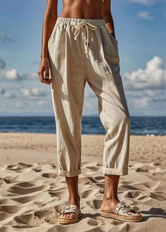 Natural Linen Patchwork Tie Waist Crop Pants Summer