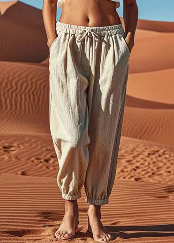 Natural Linen Pockets Patchwork Elastic Waist Crop Pants