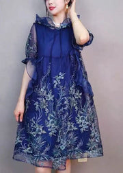 Natural Navy Hooded Ruffled Embroideried Patchwork Tulle Mid Dress Summer