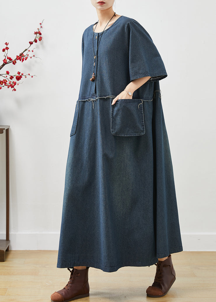 Natural Navy Oversized Pockets Denim Maxi Dresses Summer