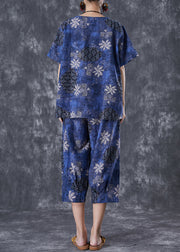 Natural Navy Oversized Print Linen Two Pieces Set Summer